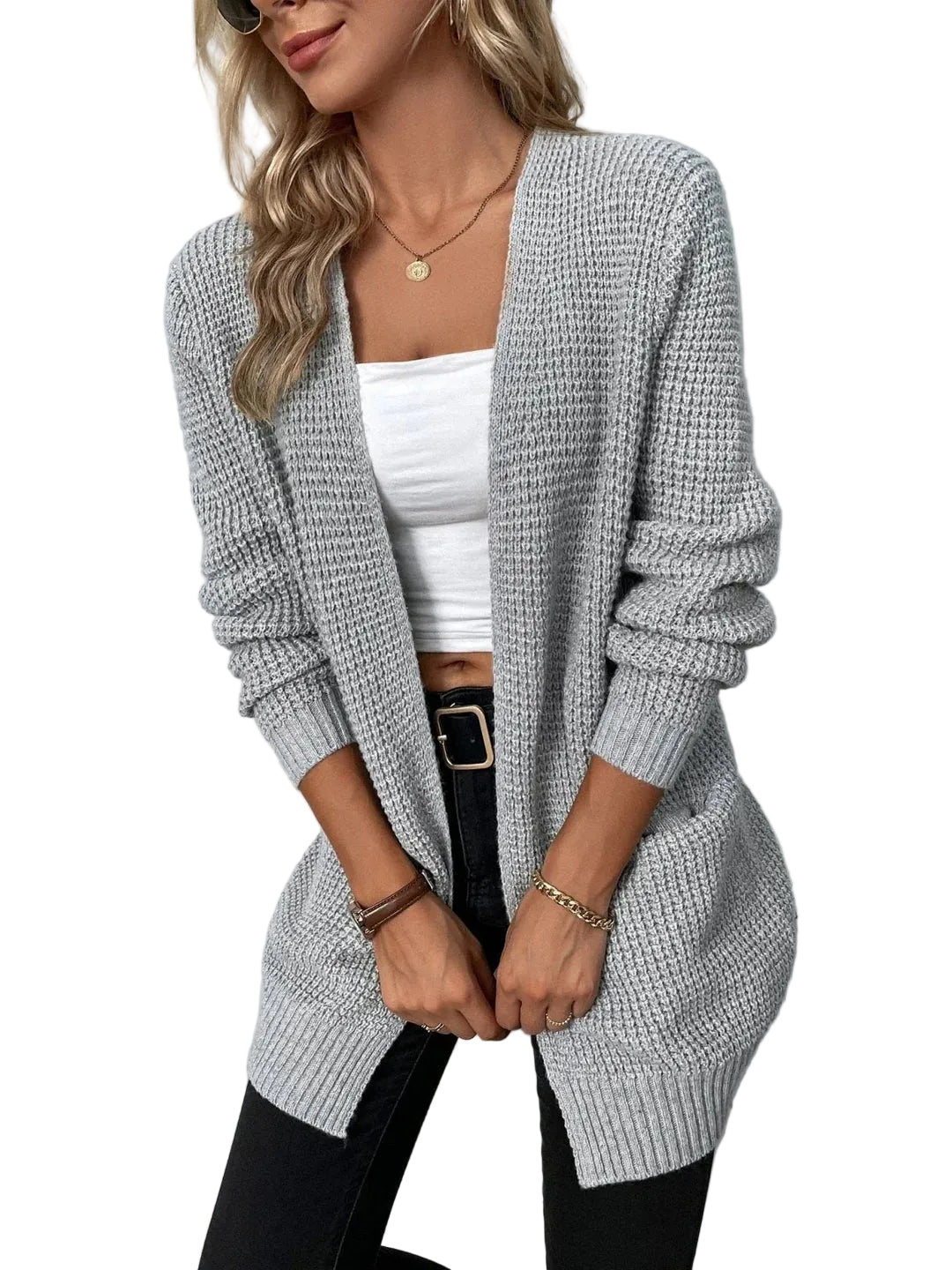 Femme Gilet en Maille Ouverte avec Poches Appliquées