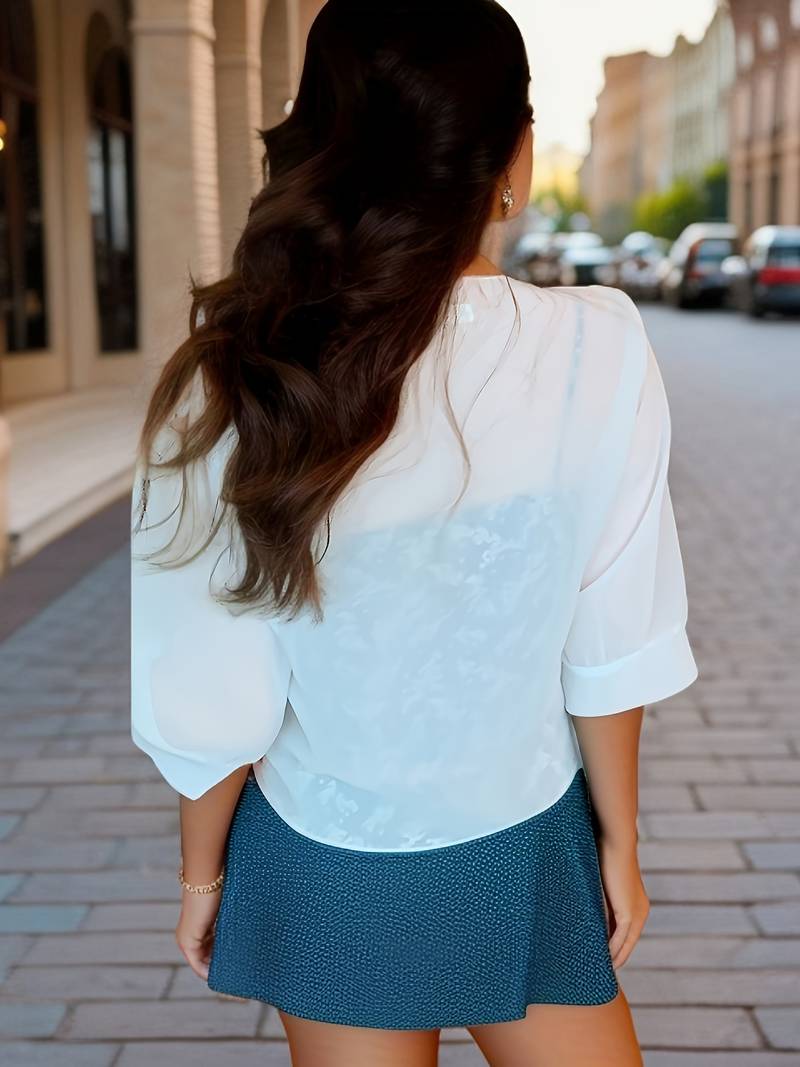 Blouse courte transparente à nouer sur le devant avec manches courtes pour femme