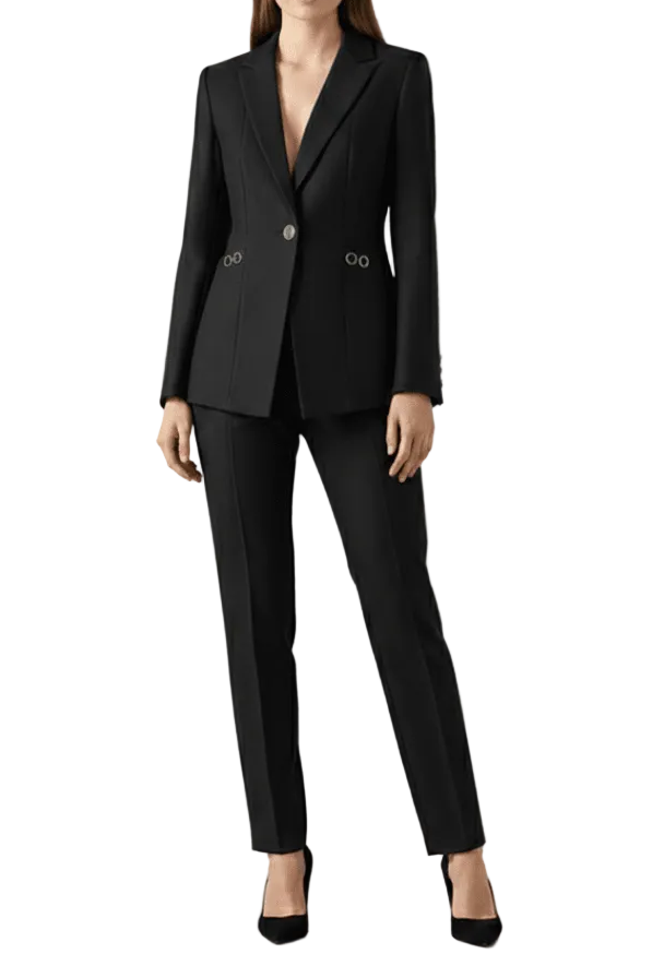 Tailleur femme structuré avec veste à bouton unique et pantalon fuselé