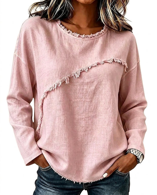 Blouse à manches longues avec bordures effilochées pour femme 1