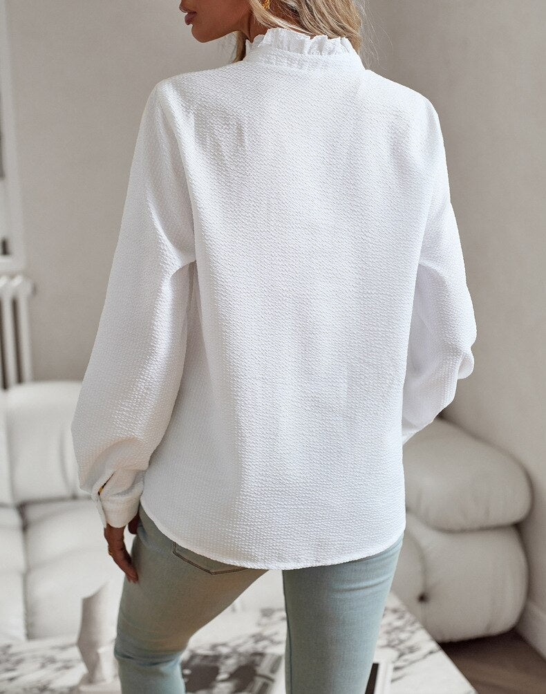 Blouse à manches longues avec volants et fermeture boutonnée pour femme-Blouse for women-Gigié