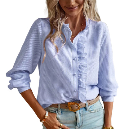 Blouse à manches longues avec volants et fermeture boutonnée pour femme-Blouse for women-Gigié