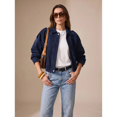 Blouson Bomber en Daim pour Femme avec Fermeture Éclair et Boutons 2