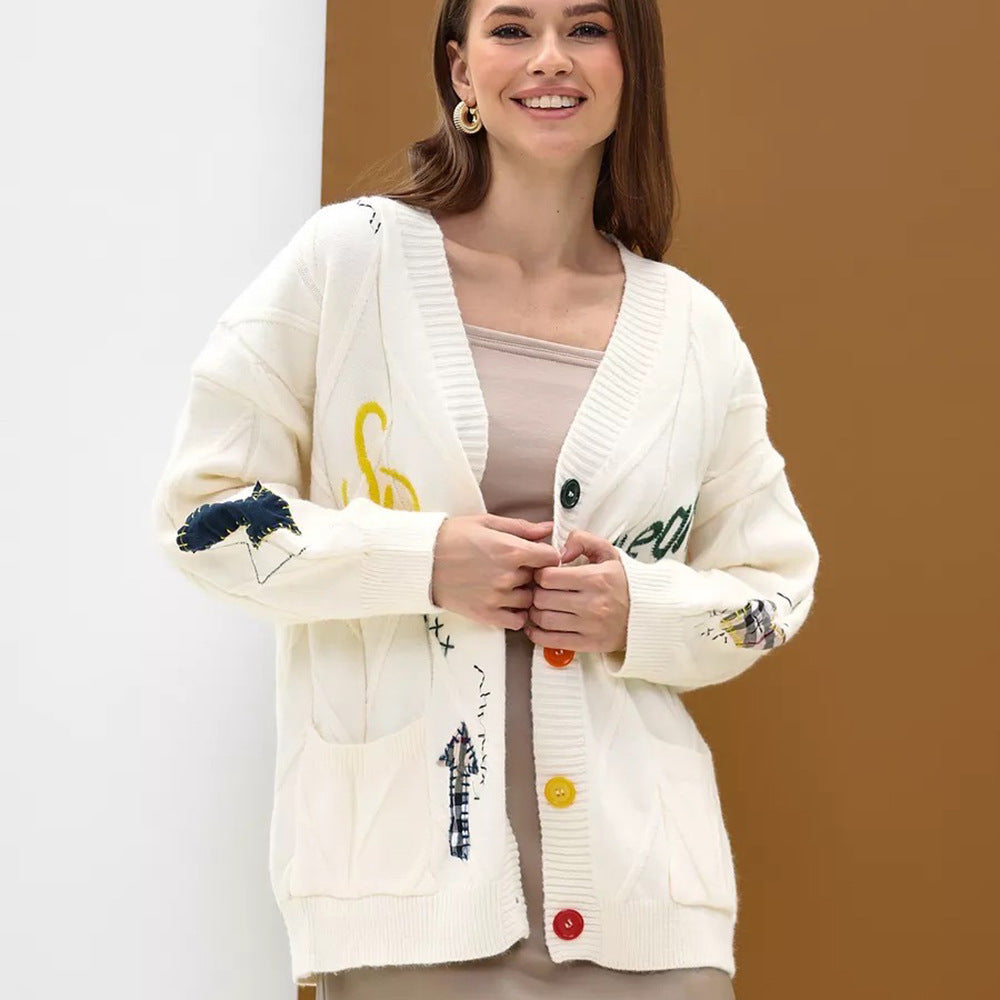 Cardigan en maille pour femme avec fermeture boutonnée, encolure en V et poches plaquées-Cardigan Women-Gigié
