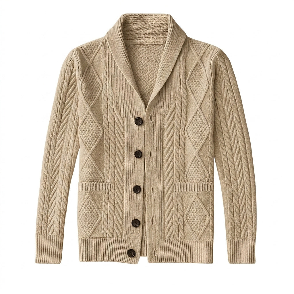 Cardigan en maille torsadée pour homme avec col châle 1