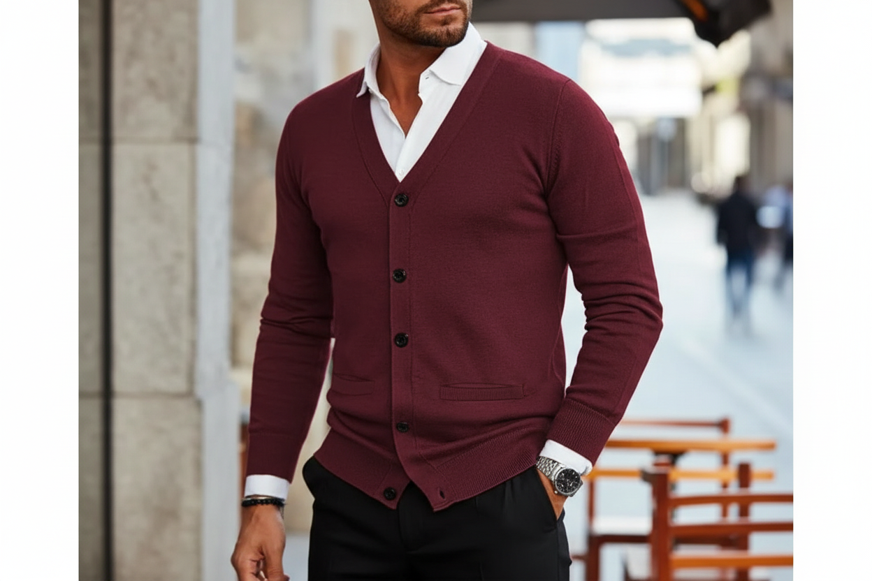 Cardigan pour homme à boutons avec col en V et finitions côtelées-Cardigan Men-Gigié