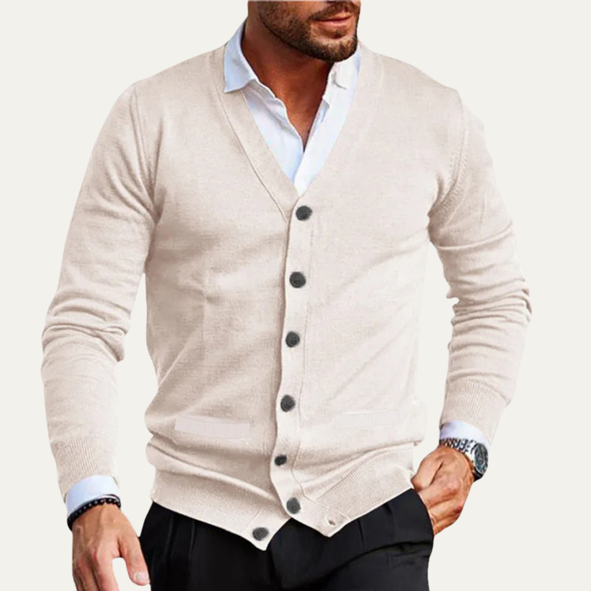Cardigan pour homme à boutons avec col en V et finitions côtelées-Cardigan Men-Gigié