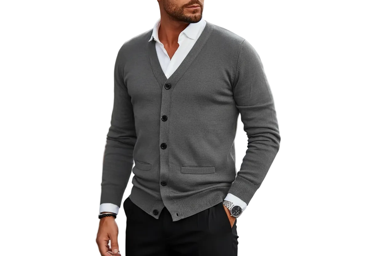 Cardigan pour homme à boutons avec col en V et finitions côtelées-Cardigan Men-Gigié