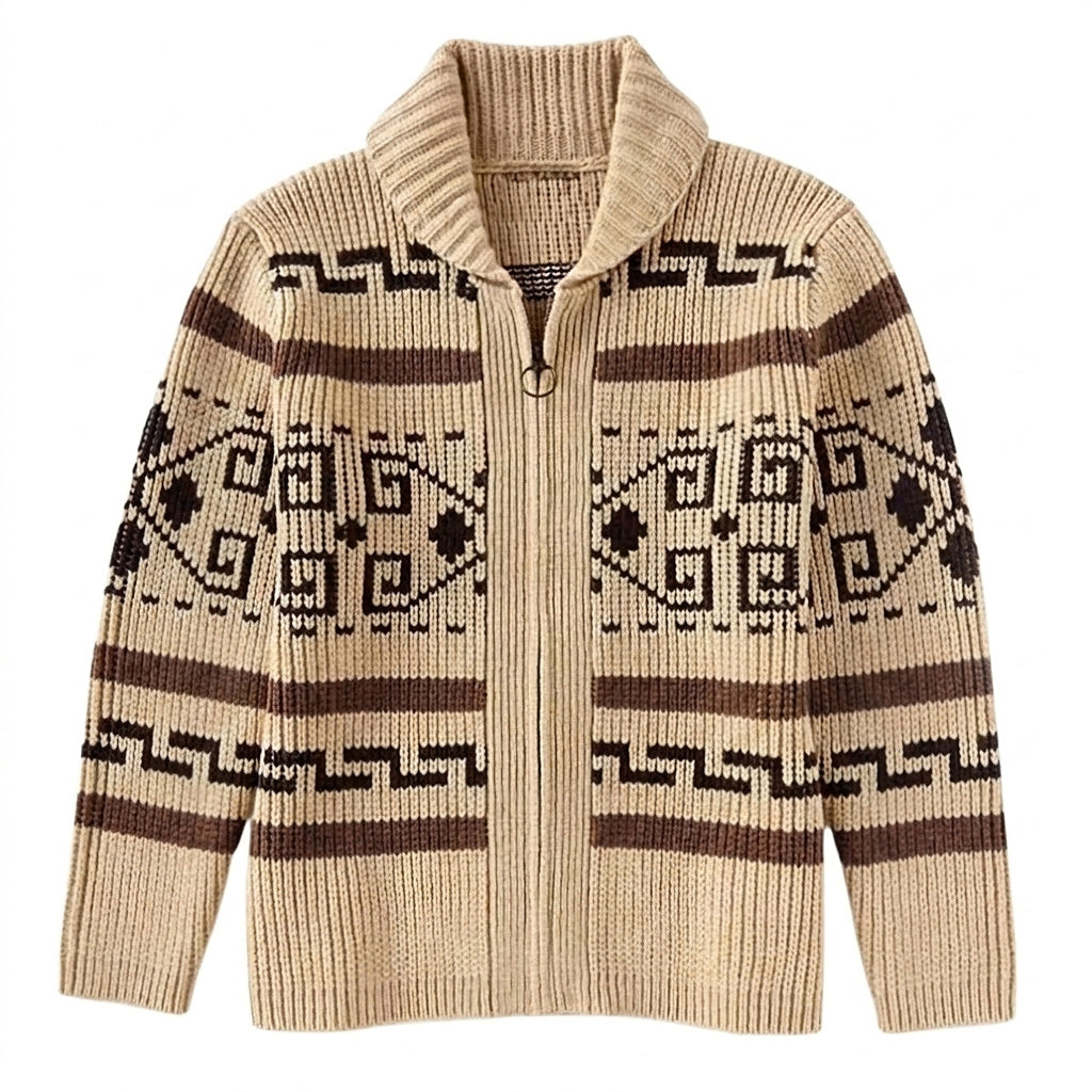 Cardigan zippé en maille à motif géométrique pour homme avec col châle 1