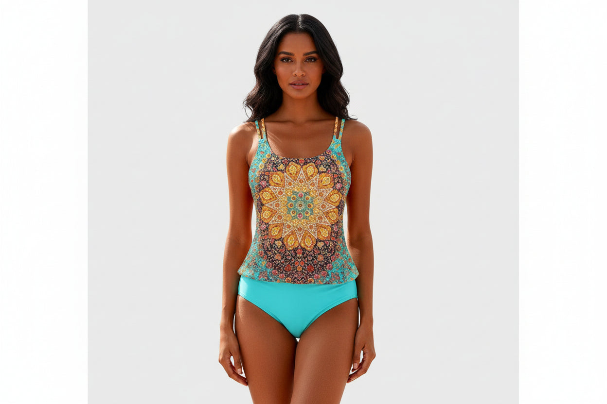 Ensemble tankini femme avec haut à motif et bas de bikini