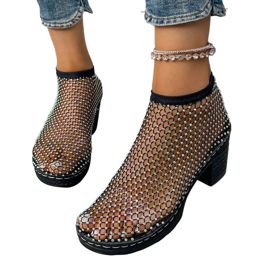 Chaussures Montantes en Maille avec Détails en Strass et Talon Bloc-Boots Female-Gigié