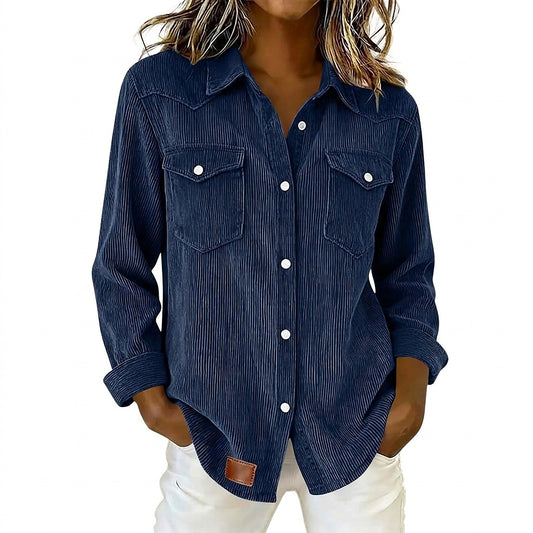 Chemise boutonnée en velours côtelé pour femme avec poches plaquées 1
