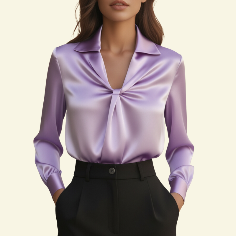 Chemisier femme à manches longues avec col et détail drapé sur le devant-Blouse for women-Gigié