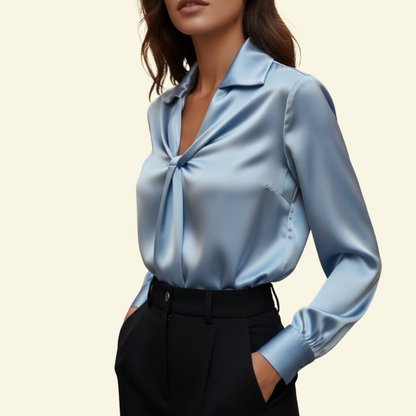 Chemisier femme à manches longues avec col et détail drapé sur le devant-Blouse for women-Gigié