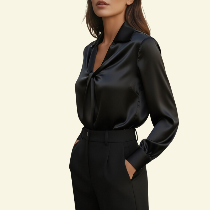 Chemisier femme à manches longues avec col et détail drapé sur le devant-Blouse for women-Gigié