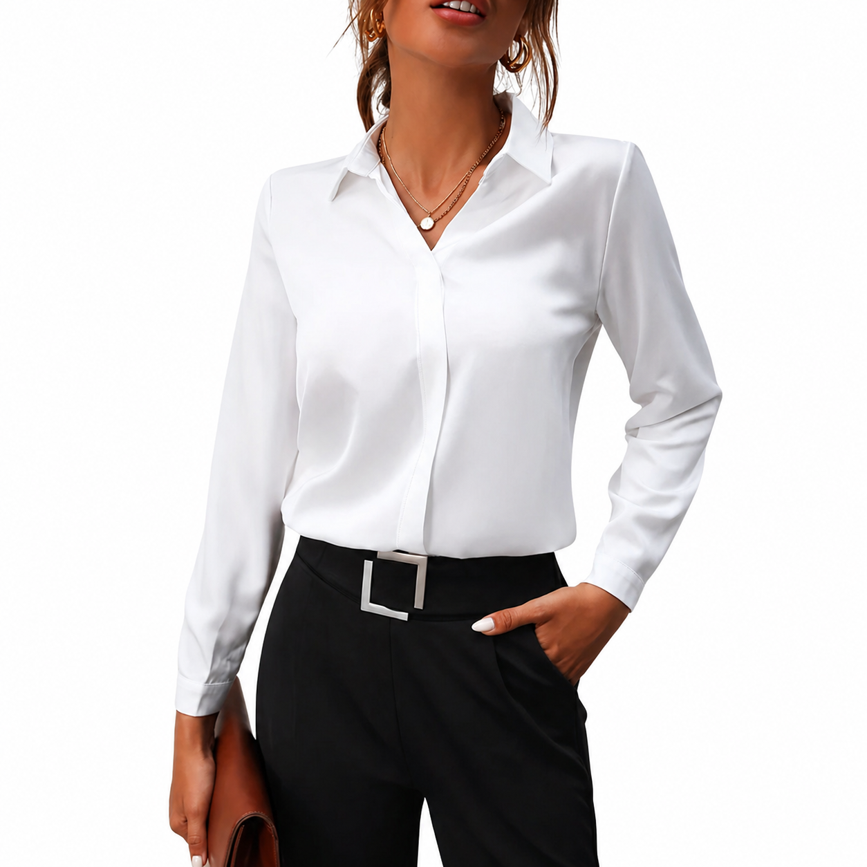 Chemisier Femme à manches longues avec col et fermeture boutonnée dissimulée-Shirts for women-Gigié