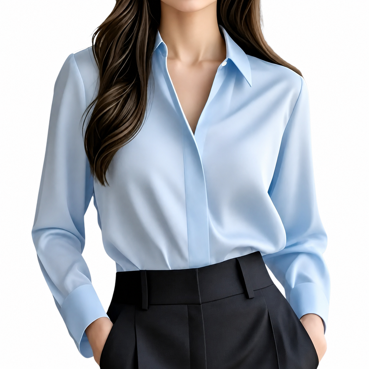 Chemisier femme à manches longues avec col pointu et patte dissimulée-Blouse for women-Gigié