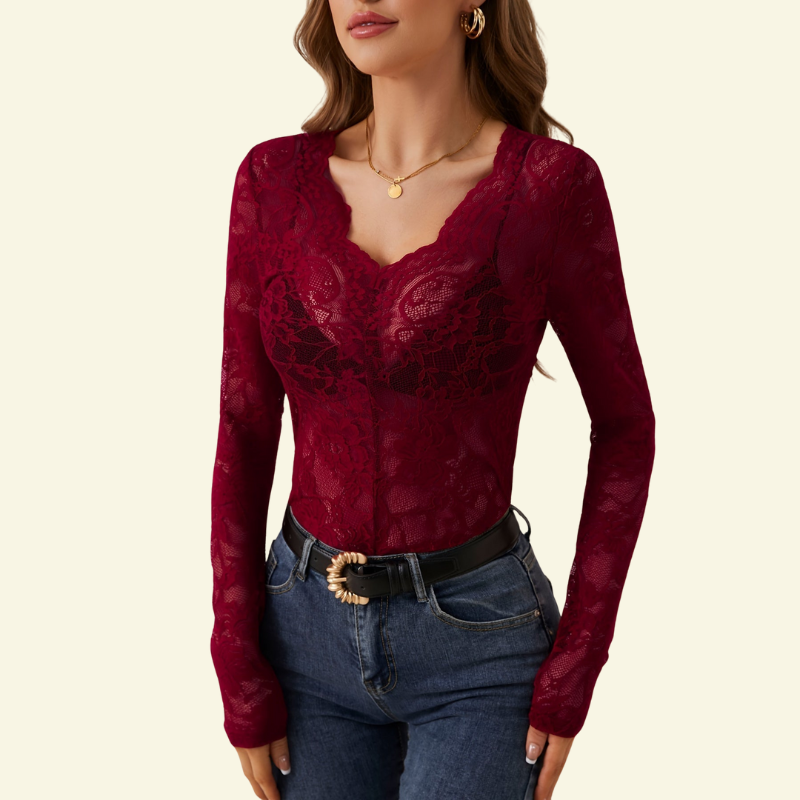 Chemisier femme en dentelle à manches longues avec col en V et bord ondulé-Blouse for women-Gigié