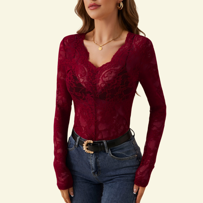 Chemisier femme en dentelle à manches longues avec col en V et bord ondulé-Blouse for women-Gigié