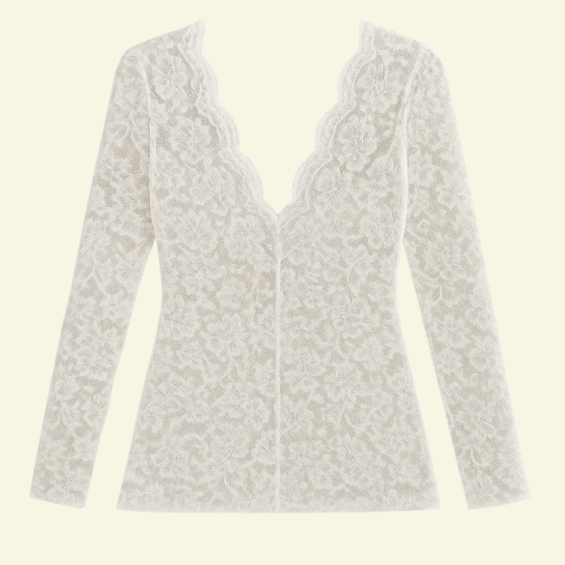 Chemisier femme en dentelle à manches longues avec col en V et bord ondulé-Blouse for women-Gigié