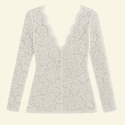 Chemisier femme en dentelle à manches longues avec col en V et bord ondulé-Blouse for women-Gigié