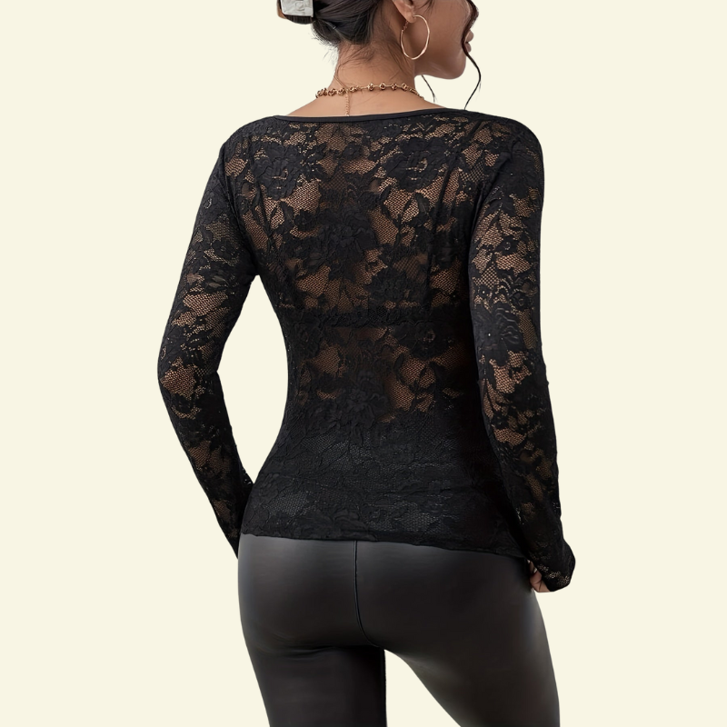 Chemisier femme en dentelle à manches longues avec col en V et bord ondulé-Blouse for women-Gigié
