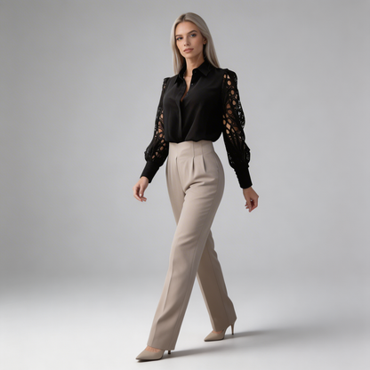 Chemisier pour femme à manches longues ajourées et boutonnage frontal | imported-image-2