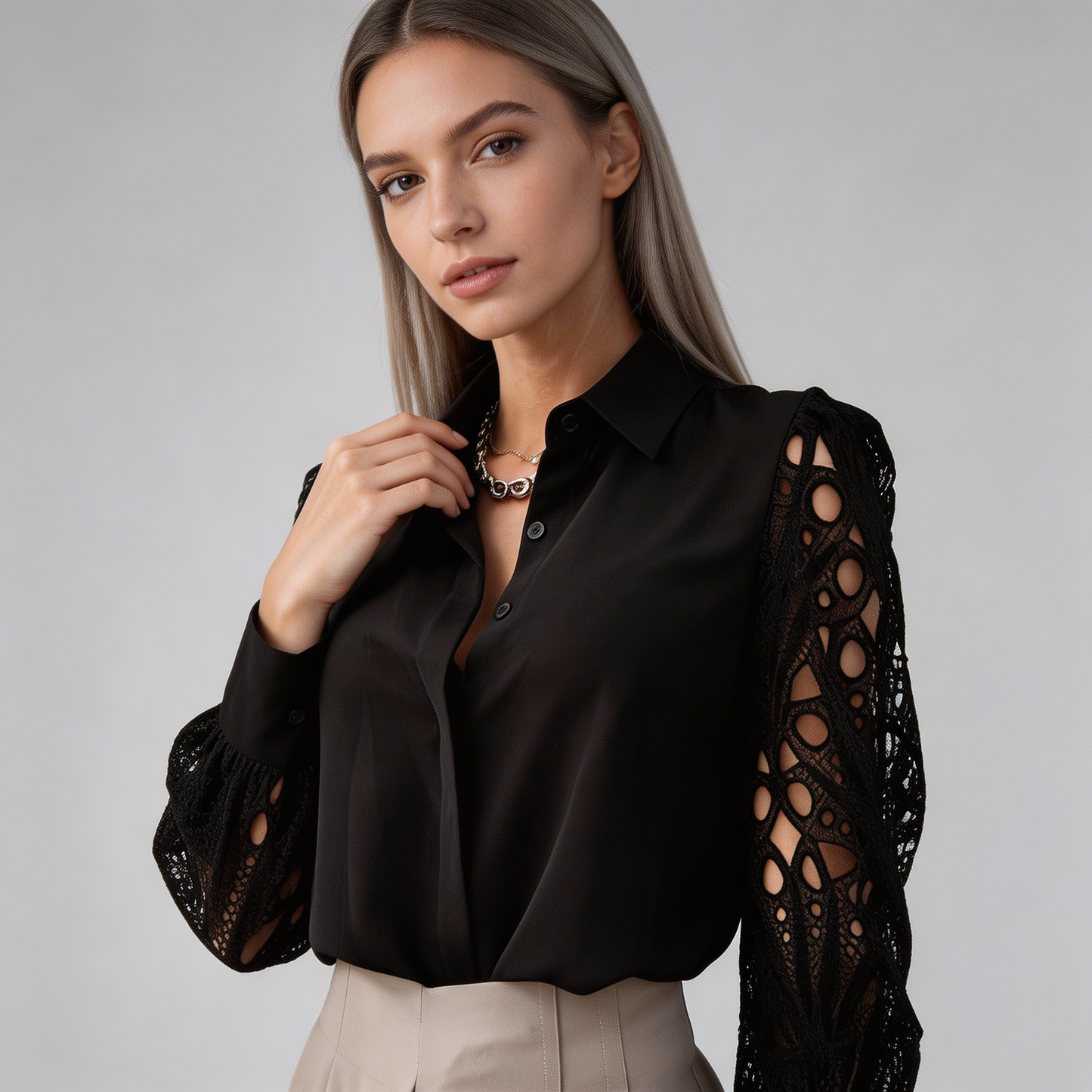 Chemisier pour femme à manches longues ajourées et boutonnage frontal | imported-image-3
