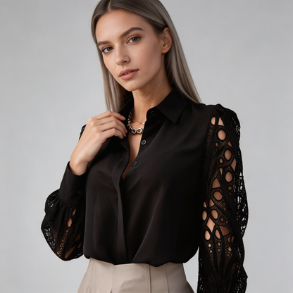 Chemisier pour femme à manches longues ajourées et boutonnage frontal | imported-image-3