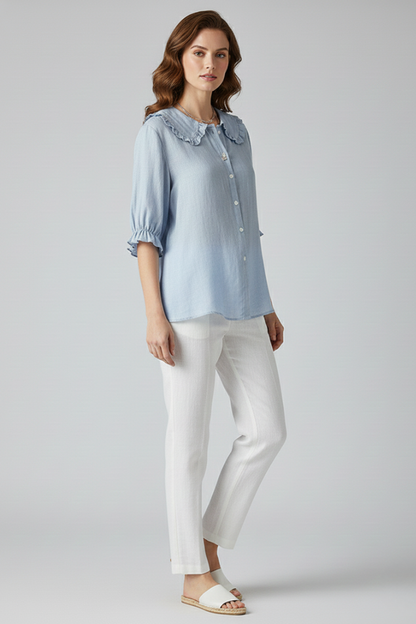 Chemisier pour femme avec patte de boutonnage, col arrondi et manches froncées-Shirts for women-Gigié
