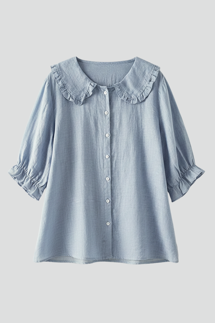 Chemisier pour femme avec patte de boutonnage, col arrondi et manches froncées-Shirts for women-Gigié