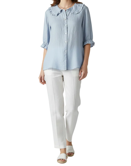Chemisier pour femme avec patte de boutonnage, col arrondi et manches froncées-Shirts for women-Gigié