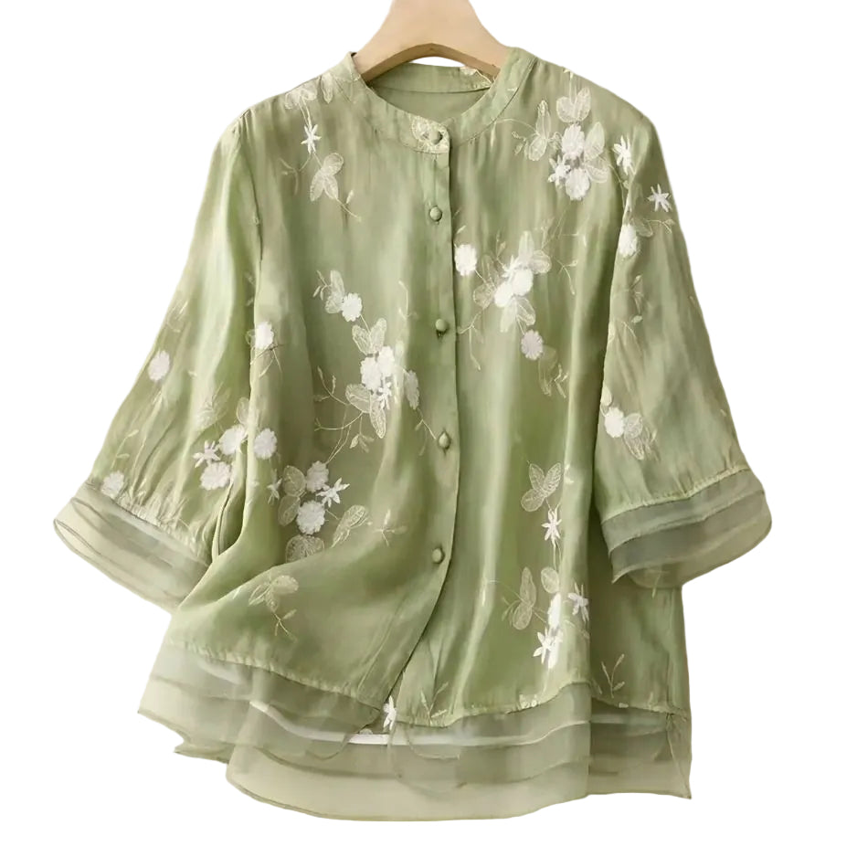 Chemisier pour femme avec patte de boutonnage, encolure arrondie et structure florale-Blouse for women-Gigié