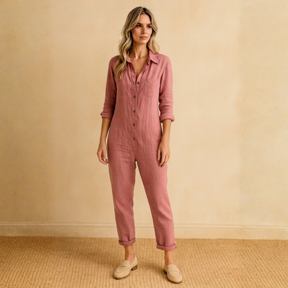 Combinaison pour femme à manches longues avec boutons, col et poches poitrine-Jumpsuits for women-Gigié
