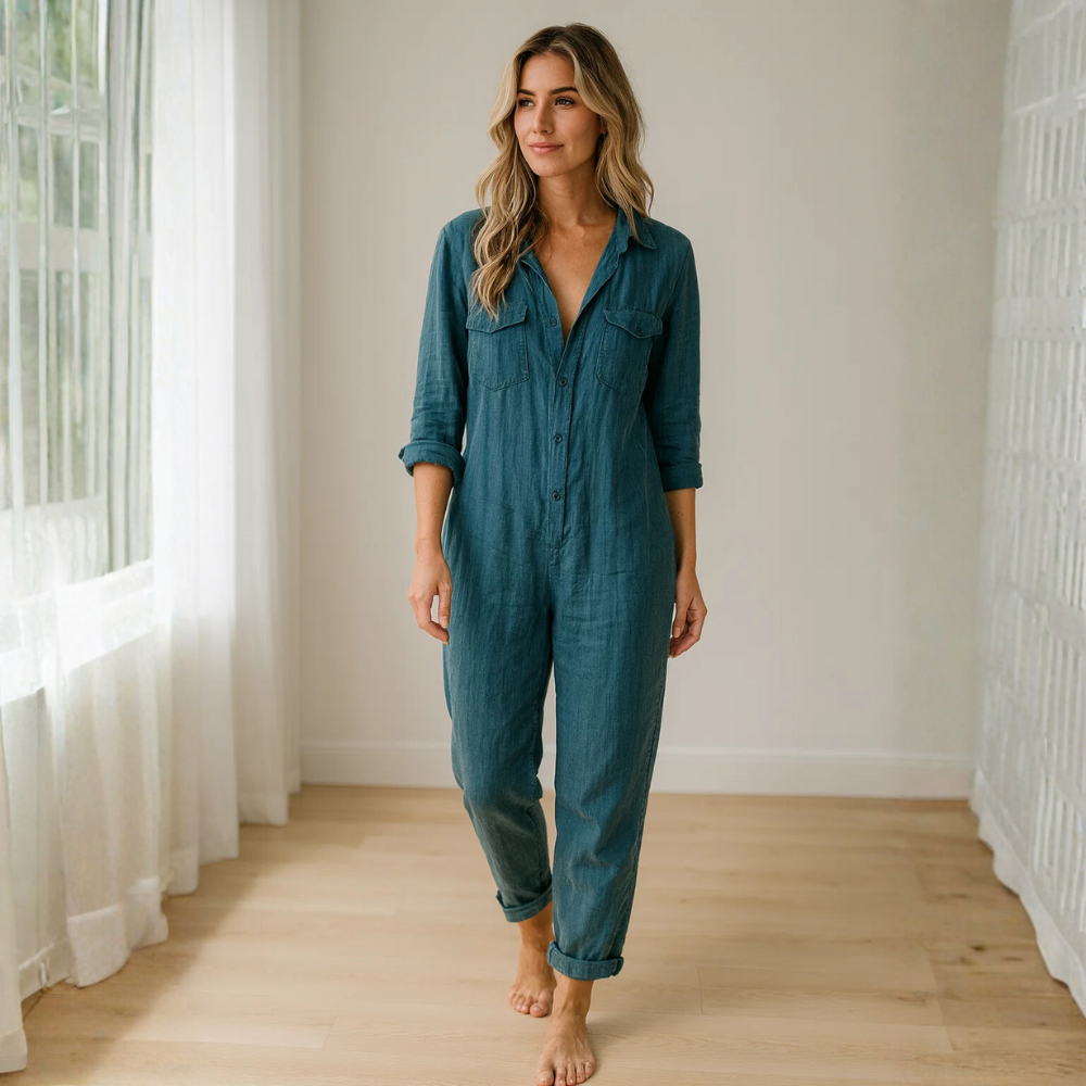 Combinaison pour femme à manches longues avec boutons, col et poches poitrine-Jumpsuits for women-Gigié
