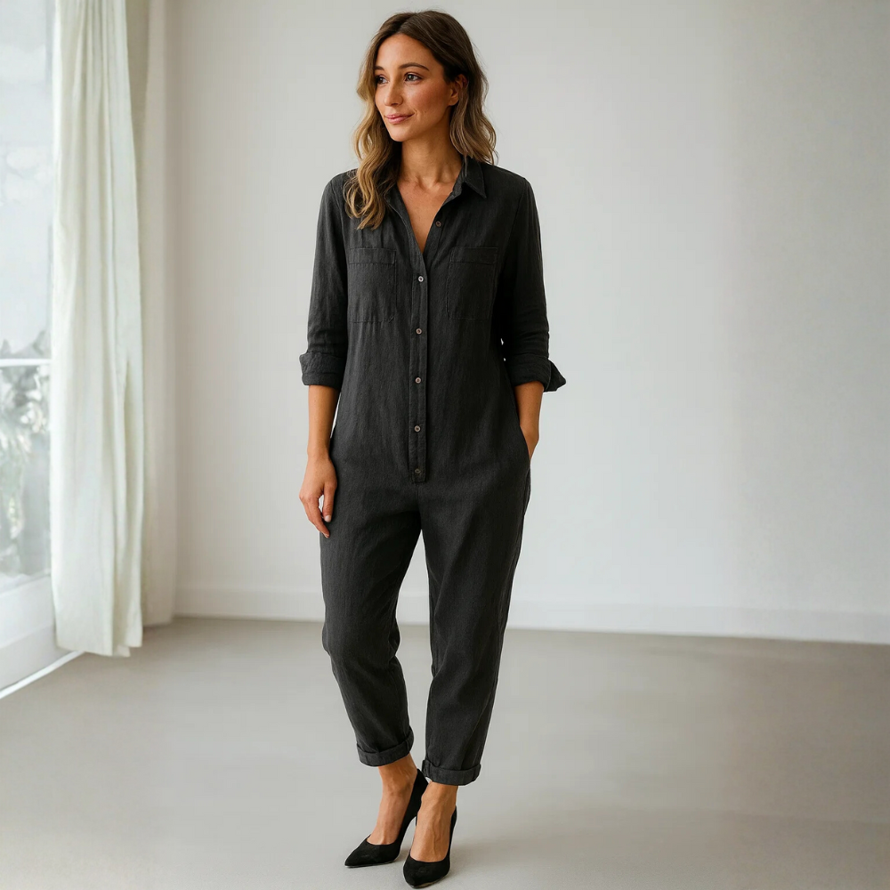 Combinaison pour femme à manches longues avec boutons, col et poches poitrine-Jumpsuits for women-Gigié