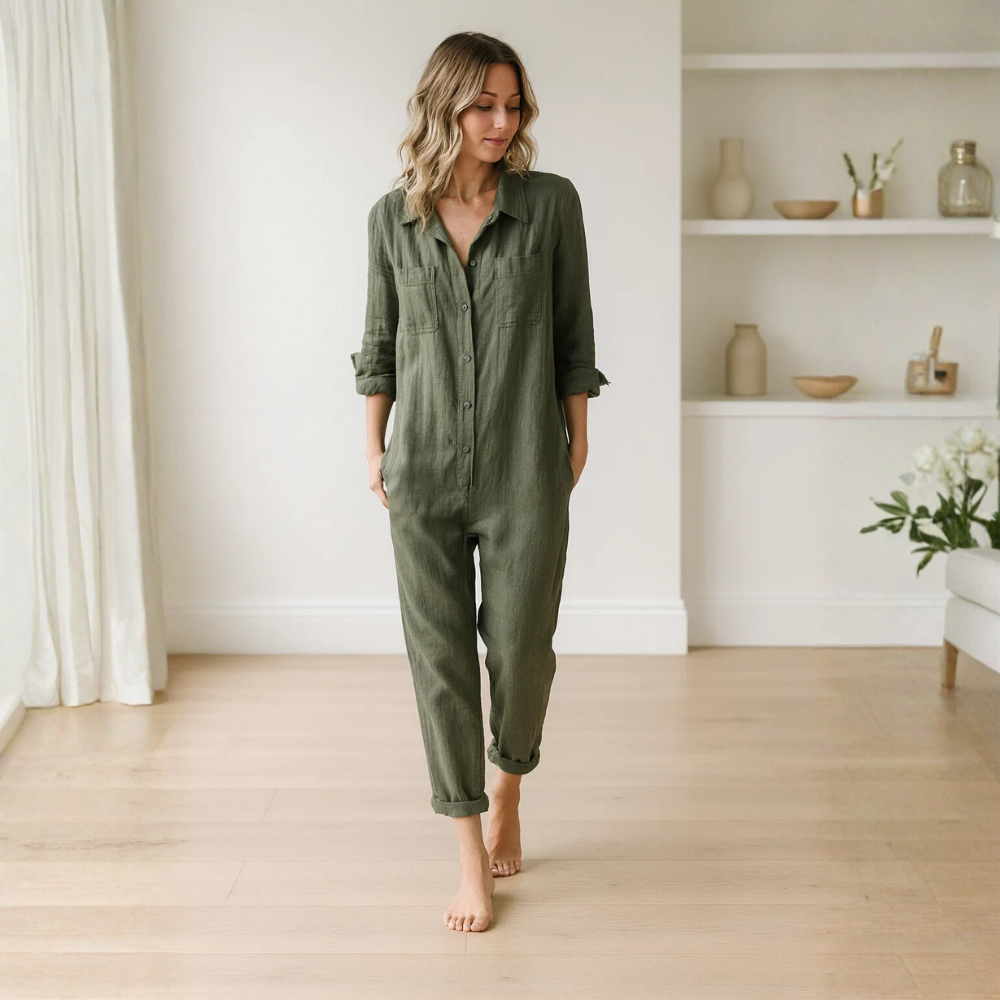 Combinaison pour femme à manches longues avec boutons, col et poches poitrine-Jumpsuits for women-Gigié