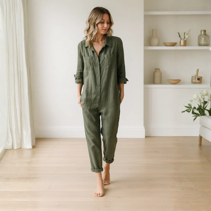 Combinaison pour femme à manches longues avec boutons, col et poches poitrine-Jumpsuits for women-Gigié