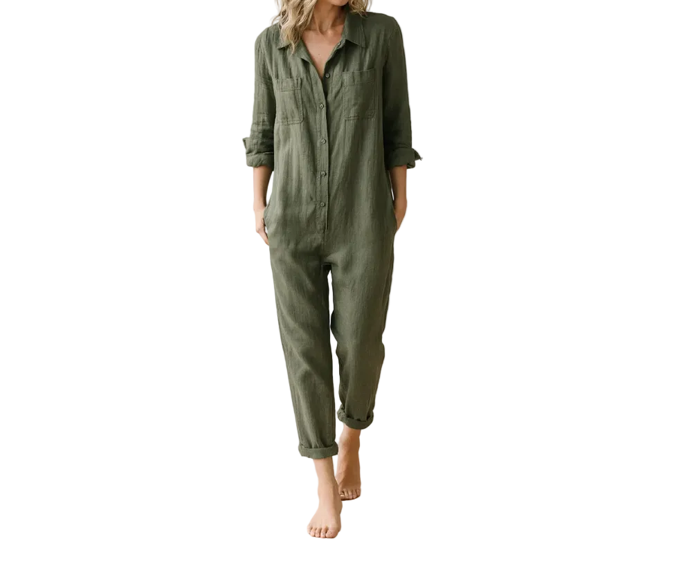 Combinaison pour femme à manches longues avec boutons, col et poches poitrine-Jumpsuits for women-Gigié