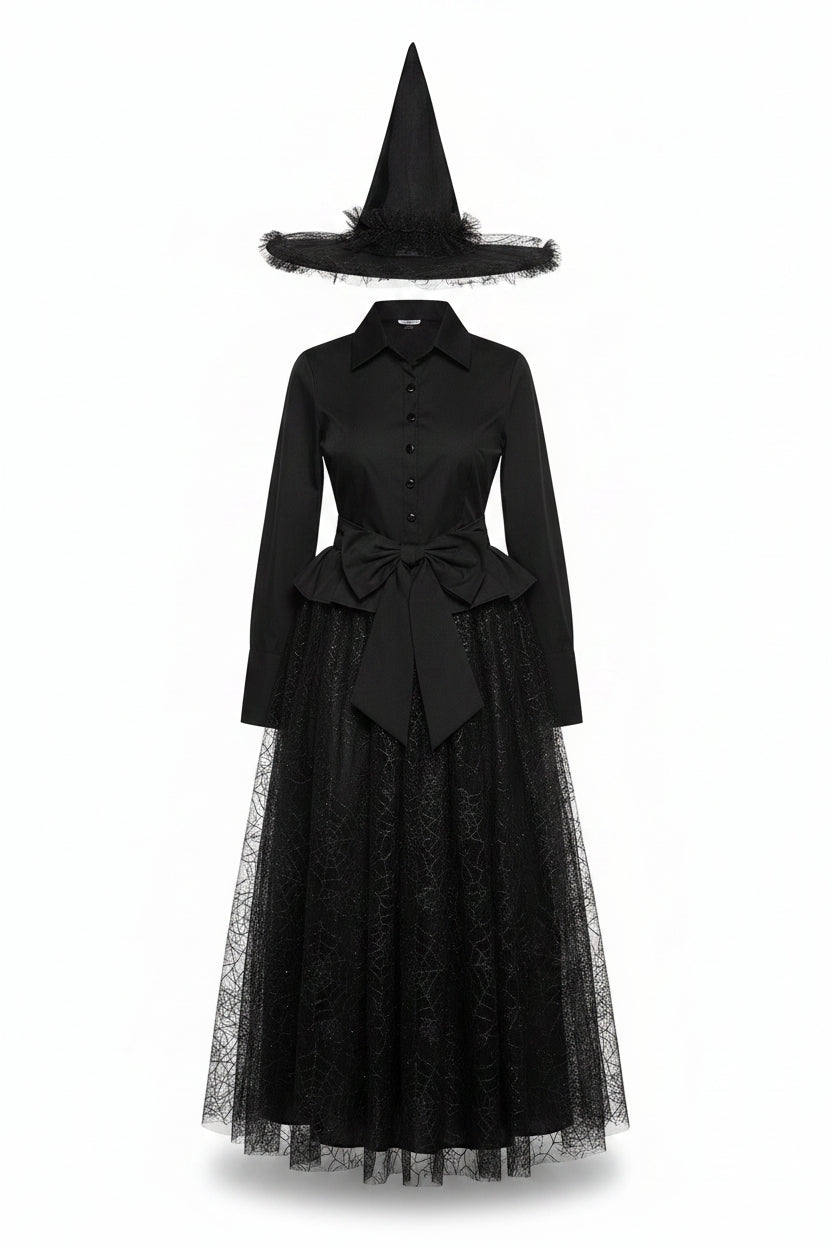 Costume de sorcière pour femme avec jupe en toile d'araignée et chapeau 1