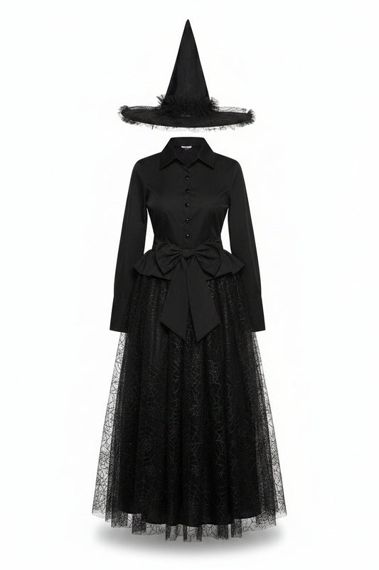 Costume de sorcière pour femme avec jupe en toile d'araignée et chapeau 1