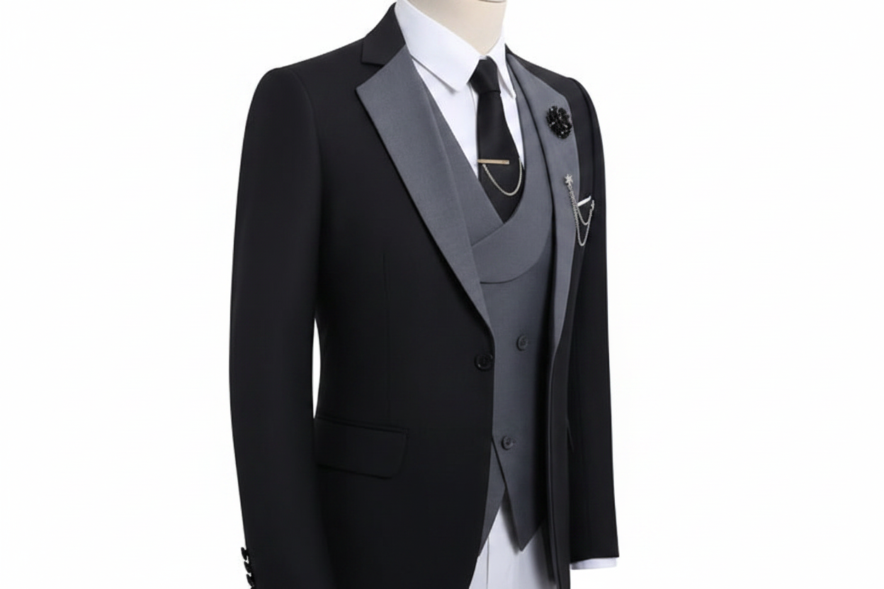 Costume homme trois pièces avec revers contrastés et gilet croisé-Suit Man-Gigié
