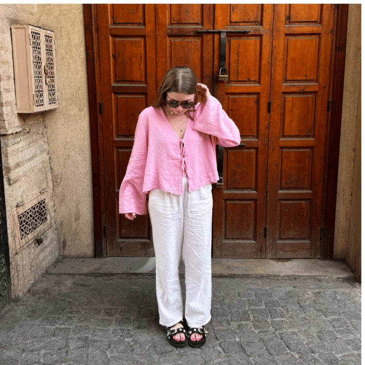 Crop top femme à manches longues avec fermeture à nouer sur le devant-Tops for women-Gigié