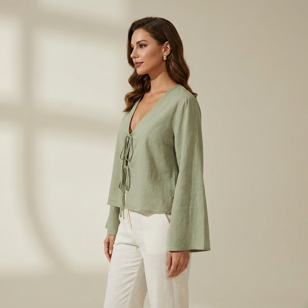 Crop top femme à manches longues avec fermeture à nouer sur le devant-Tops for women-Gigié