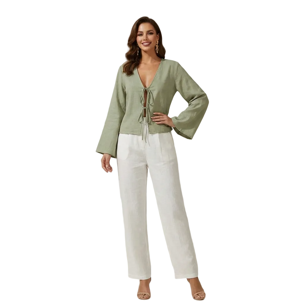 Crop top femme à manches longues avec fermeture à nouer sur le devant-Tops for women-Gigié