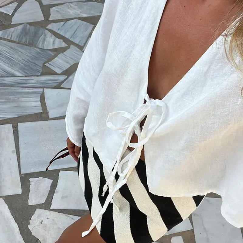 Crop top femme à manches longues avec fermeture à nouer sur le devant-Tops for women-Gigié