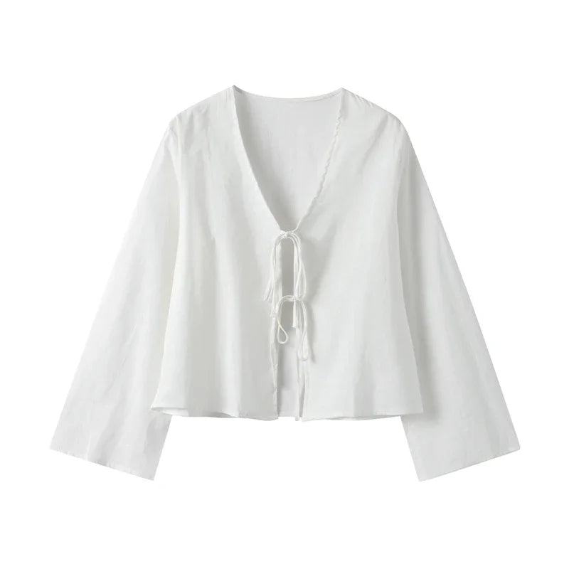 Crop top femme à manches longues avec fermeture à nouer sur le devant-Tops for women-Gigié