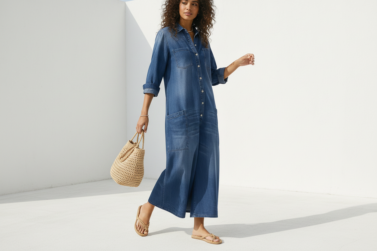 Combinaison en denim pour femme à jambe large et boutonnage frontal