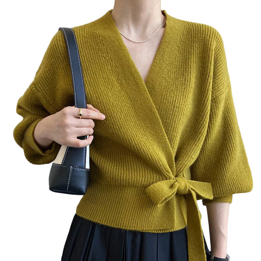 Haut en maille cache-cœur pour femme avec col en V et lien à nouer