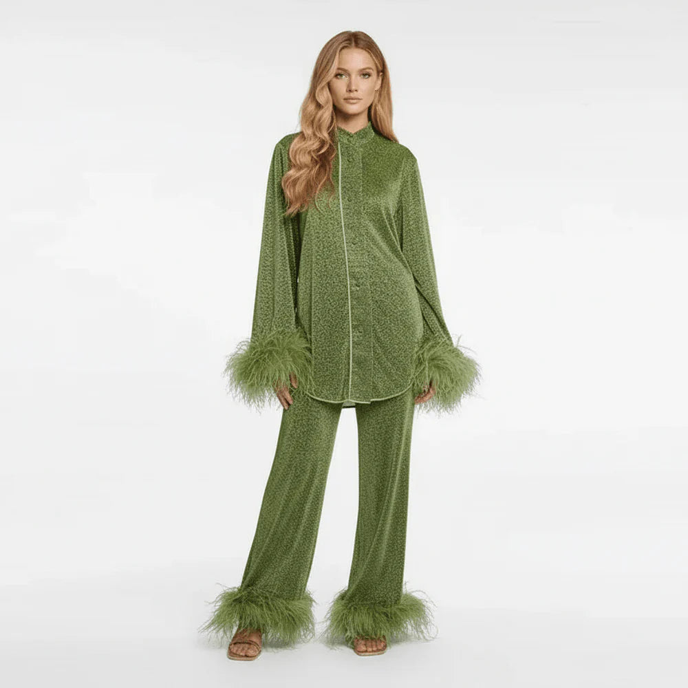 Ensemble Deux Pièces pour Femmes avec Chemise Boutonnée et Pantalon à Plumes